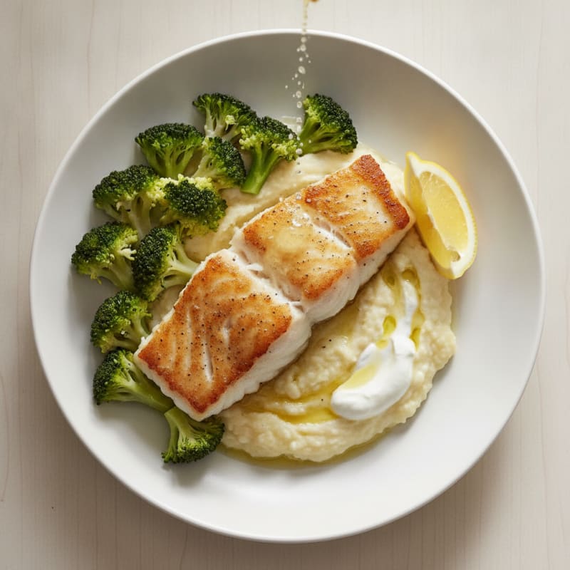 Seared White Fish with Steamed Broccoli and Cauliflower Mash