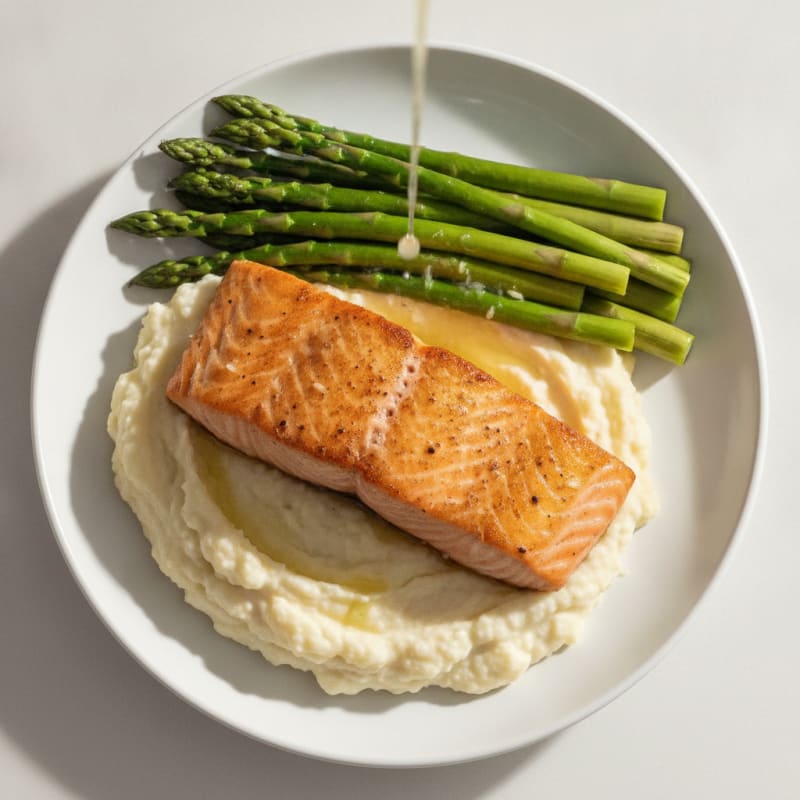 Seared Salmon with Steamed Asparagus and Cauliflower Mash