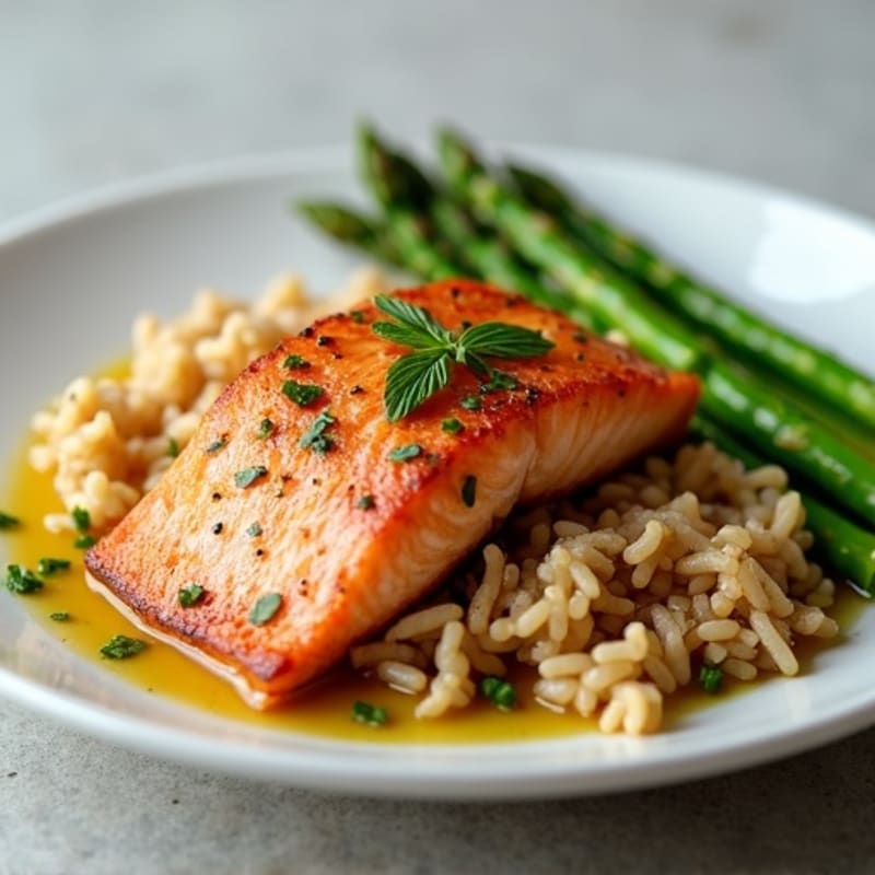 Pan Seared Salmon with Steamed Asparagus and Brown Rice