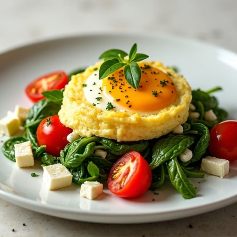 Fluffy Scrambled Eggs with Sautéed Greens and Cherry Tomatoes