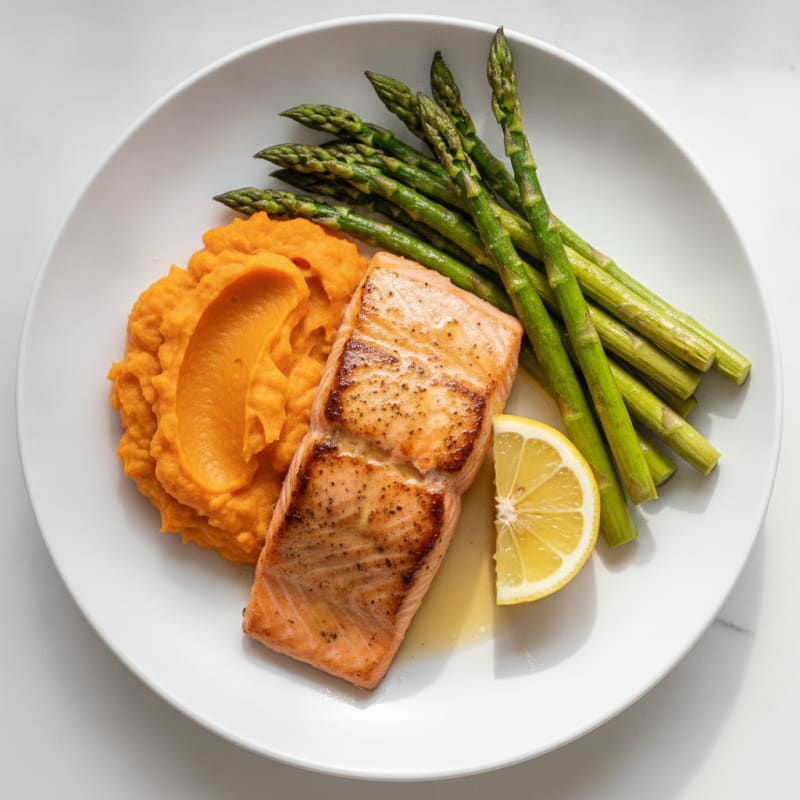 Seared Salmon Fillet with Roasted Asparagus and Sweet Potato Mash