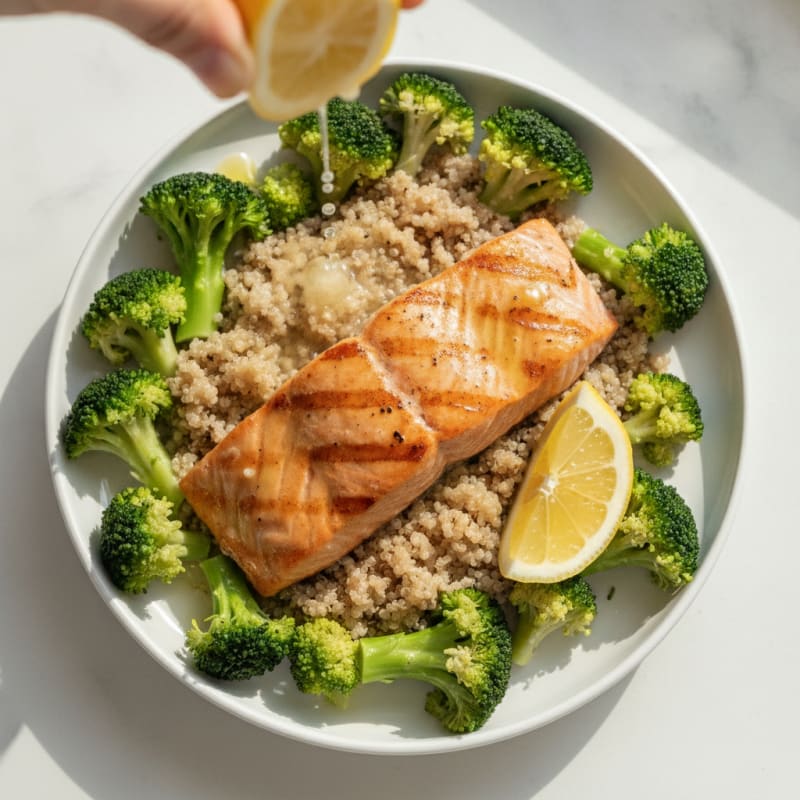 Seared Salmon with Steamed Broccoli and Quinoa