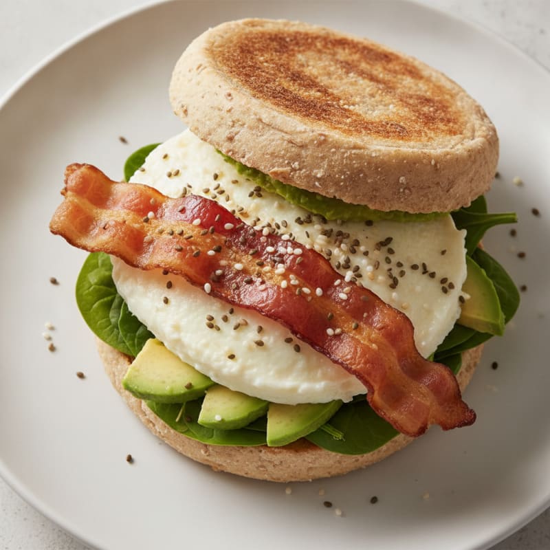 Crispy Turkey Bacon and Egg White Breakfast Sandwich with Spinach