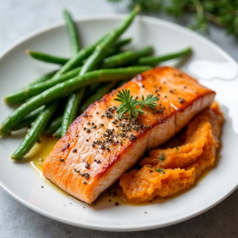 Seared Salmon with Garlic Green Beans and Sweet Potato Mash
