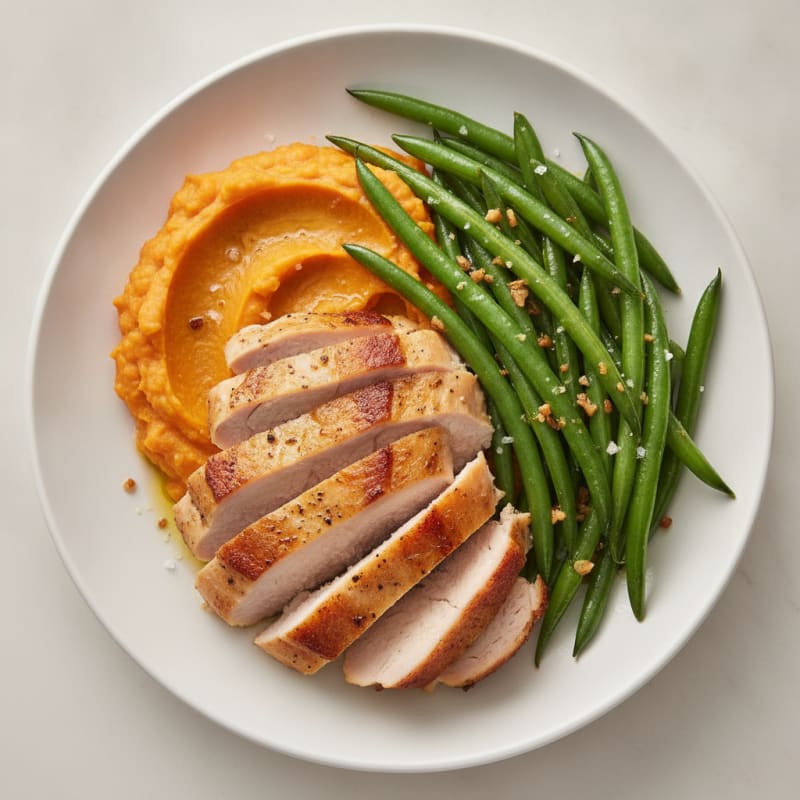 Seared Turkey Breast with Garlic Green Beans and Sweet Potato Mash