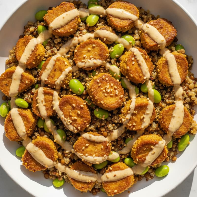 Crispy Lentil and Quinoa Power Bowl with Edamame and Tahini Drizzle