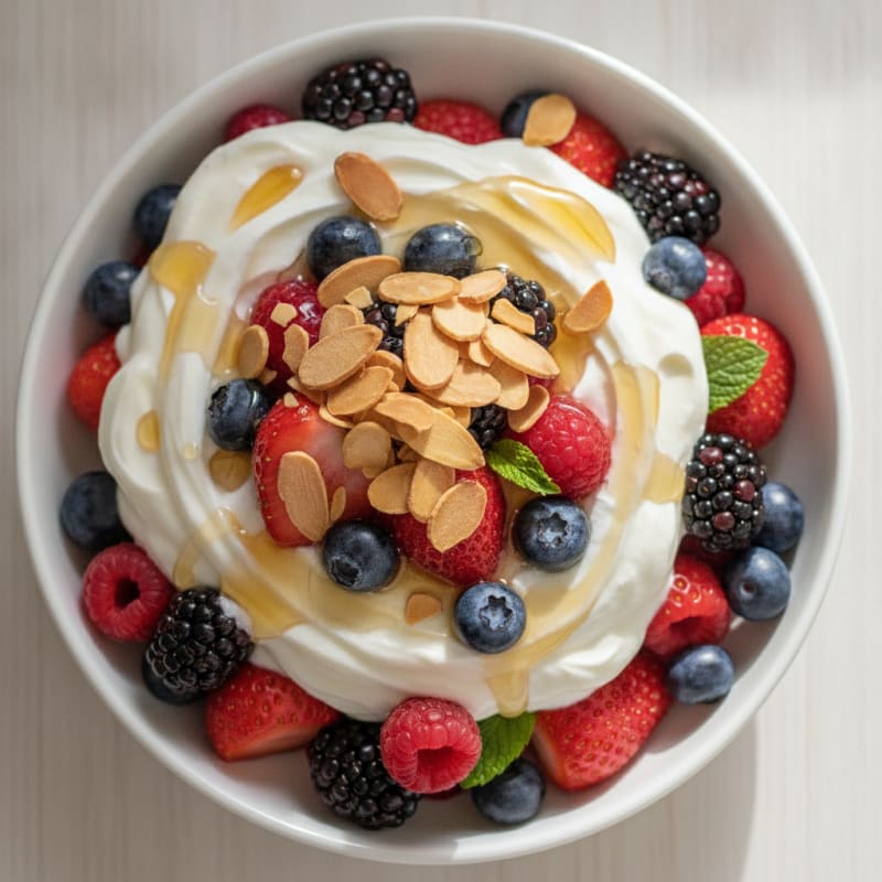 Greek Yogurt Protein Parfait with Mixed Berries and Almonds
