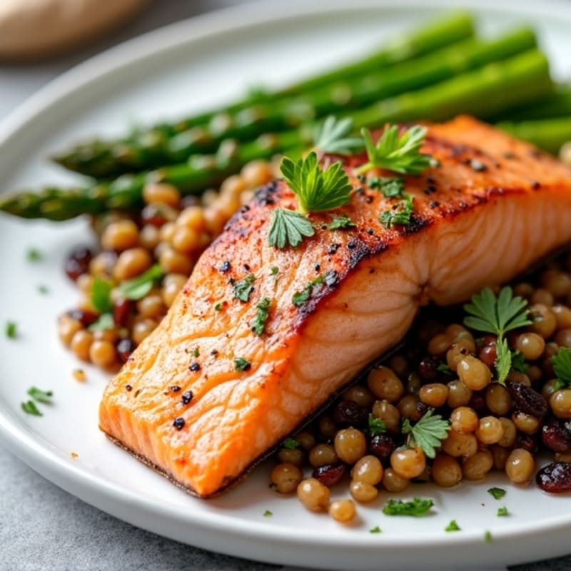 Seared Salmon with Lentil Salad and Steamed Asparagus