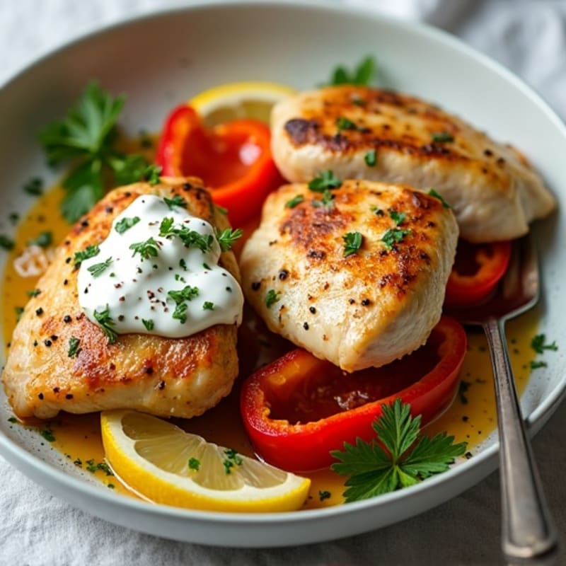 Sheet Pan Roasted Chicken Thighs with Garlic Yogurt Sauce