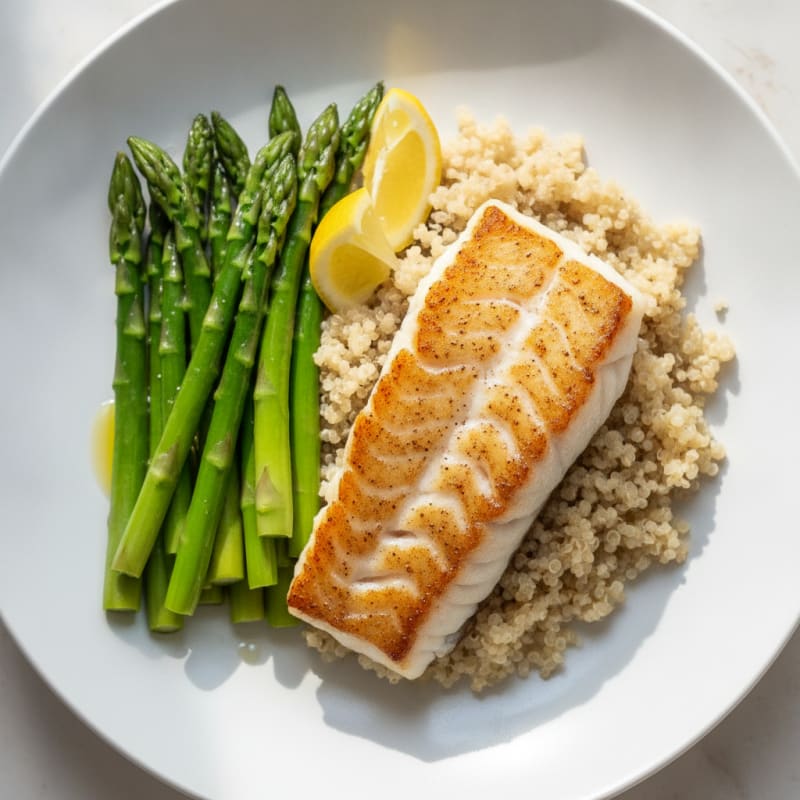 Seared Cod with Steamed Asparagus and Quinoa
