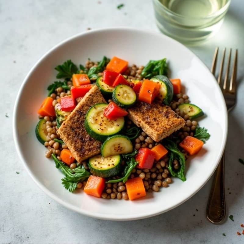Lentil and Vegetable Stir Fry with Seared Tempeh