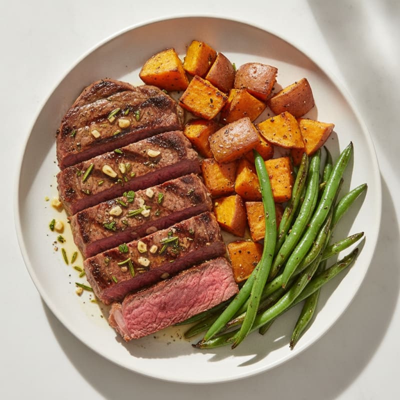Grilled Herb-Marinated Beef Steak with Roasted Sweet Potatoes and Green Beans