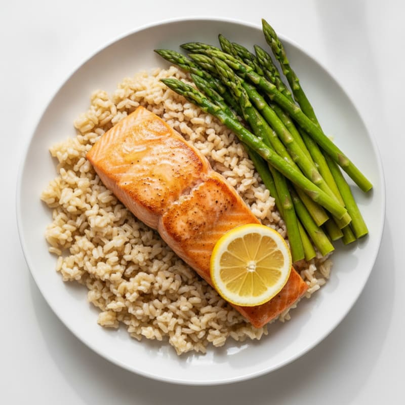 Seared Salmon with Steamed Asparagus and Brown Rice