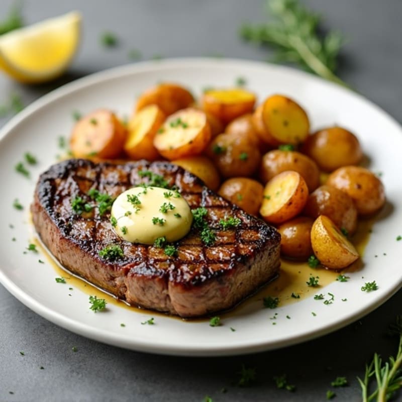 Herb-Garlic Butter Seared Steak with Roasted Baby Potatoes