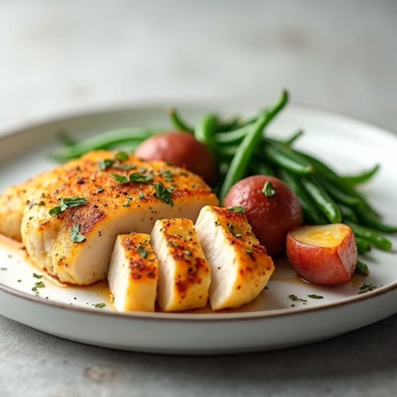 Chicken Breast with Herb-Roasted Potatoes and Sautéed Green Beans