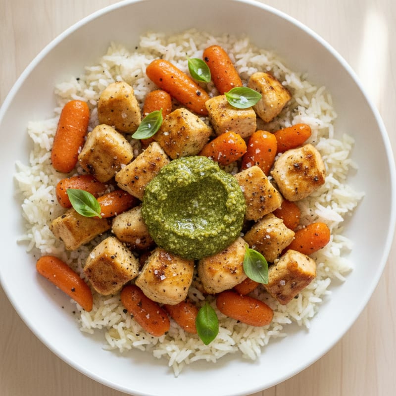 Pesto Chicken and Roasted Carrot Rice Bowl