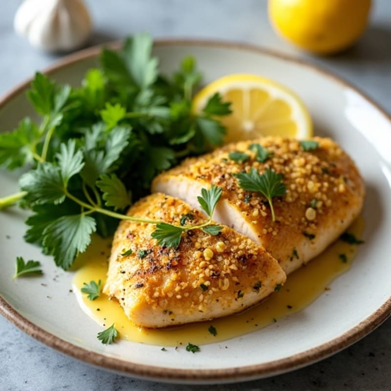 Herb-Crusted Pan Seared Chicken with Lemon Garlic Sauce
