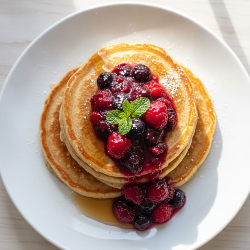 Fluffy Buttermilk-Style Protein Pancakes with Berry Compote