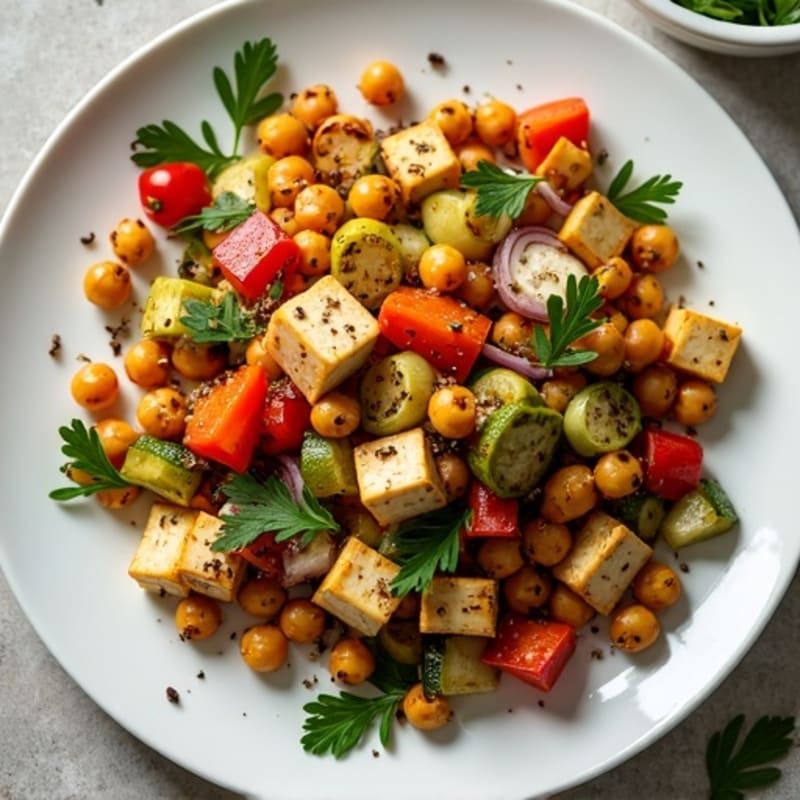 Sheet Pan Roasted Vegetables with Crispy Chickpeas, Tofu & Lemon-Herb Dressing