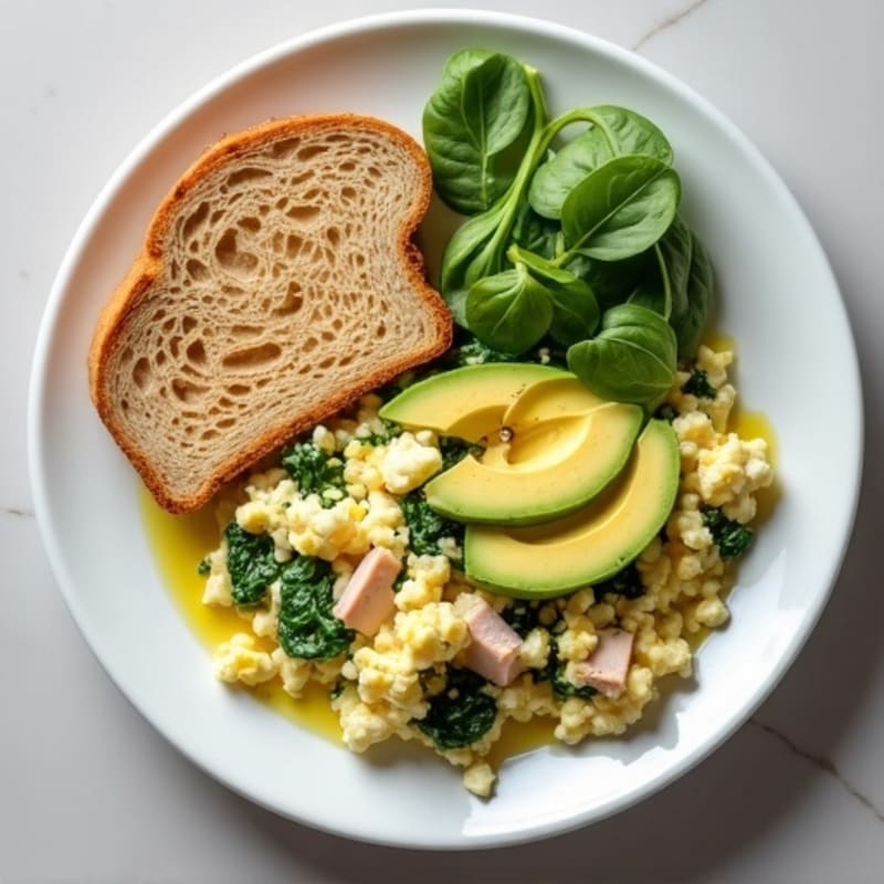 Egg White Spinach Scramble with Cottage Cheese and Sliced Turkey