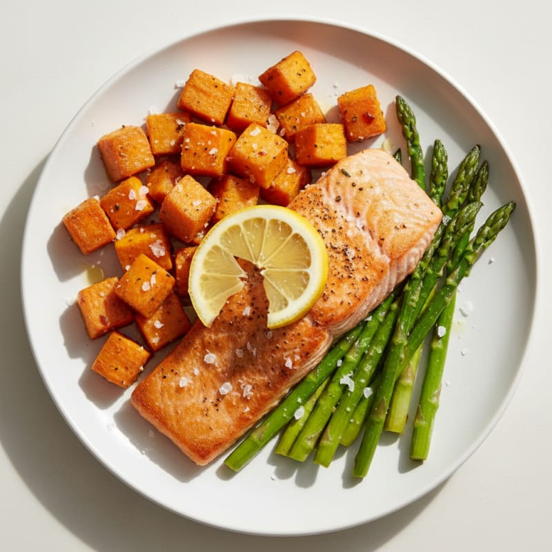 Seared Salmon with Roasted Sweet Potato and Asparagus