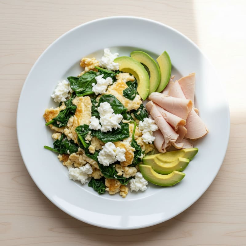 Egg White and Spinach Scramble with Cottage Cheese and Sliced Turkey