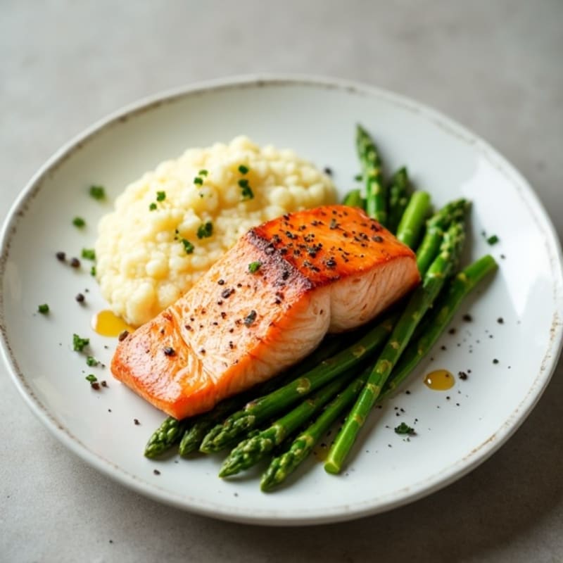 Seared Salmon with Steamed Asparagus and Cauliflower Mash