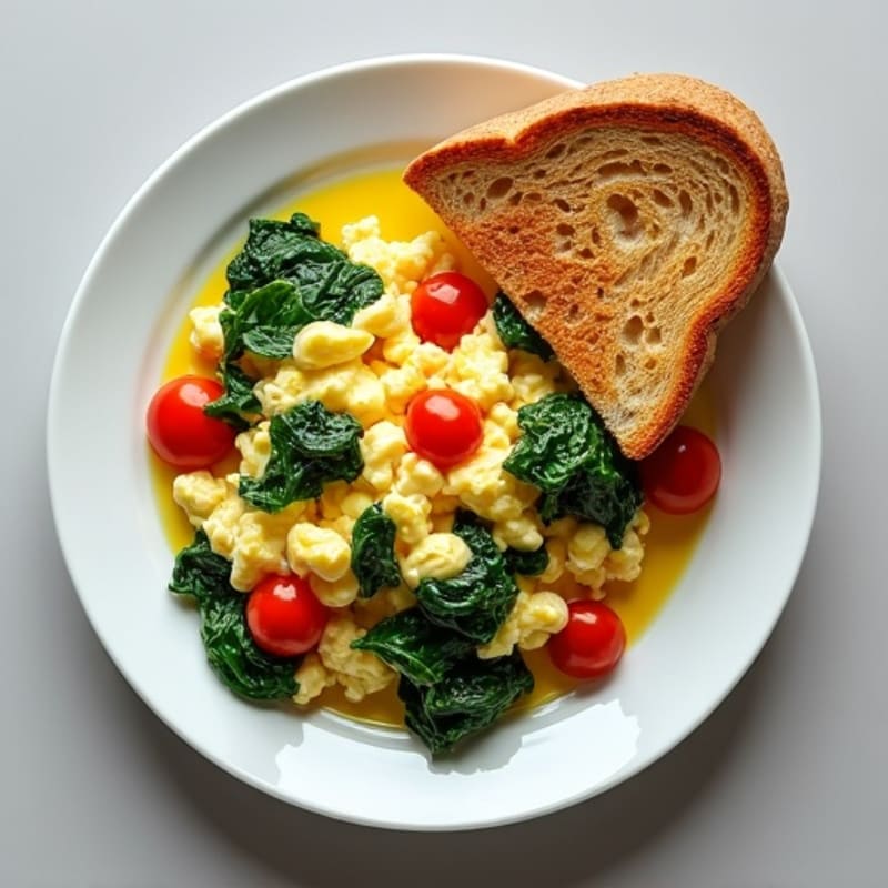 Cottage Cheese Scramble with Sautéed Spinach and Cherry Tomatoes
