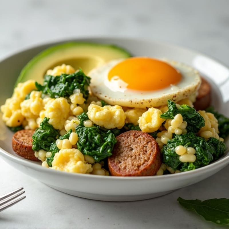 Egg White and Turkey Sausage Scramble with Sautéed Spinach