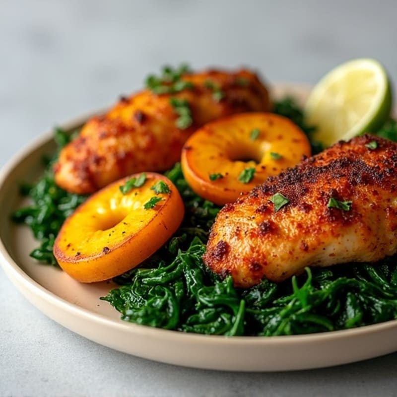 Jerk-Spiced Chicken with Crispy Plantains and Steamed Greens