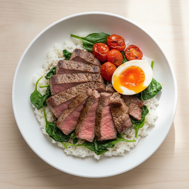 Seared Steak and Spinach Rice Bowl with Roasted Tomatoes