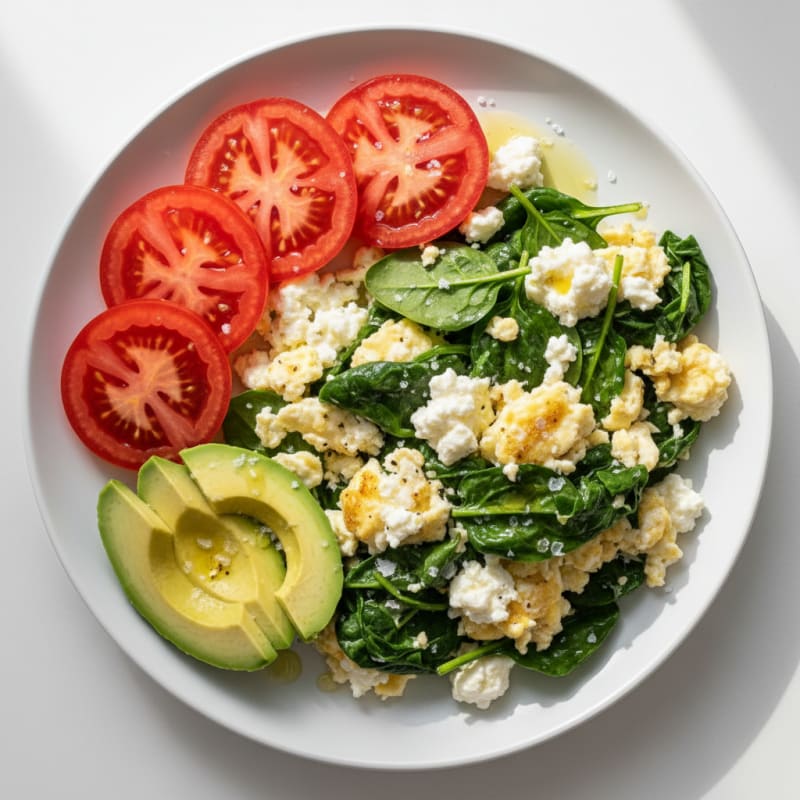 Egg White and Spinach Scramble with Cottage Cheese and Sliced Tomatoes