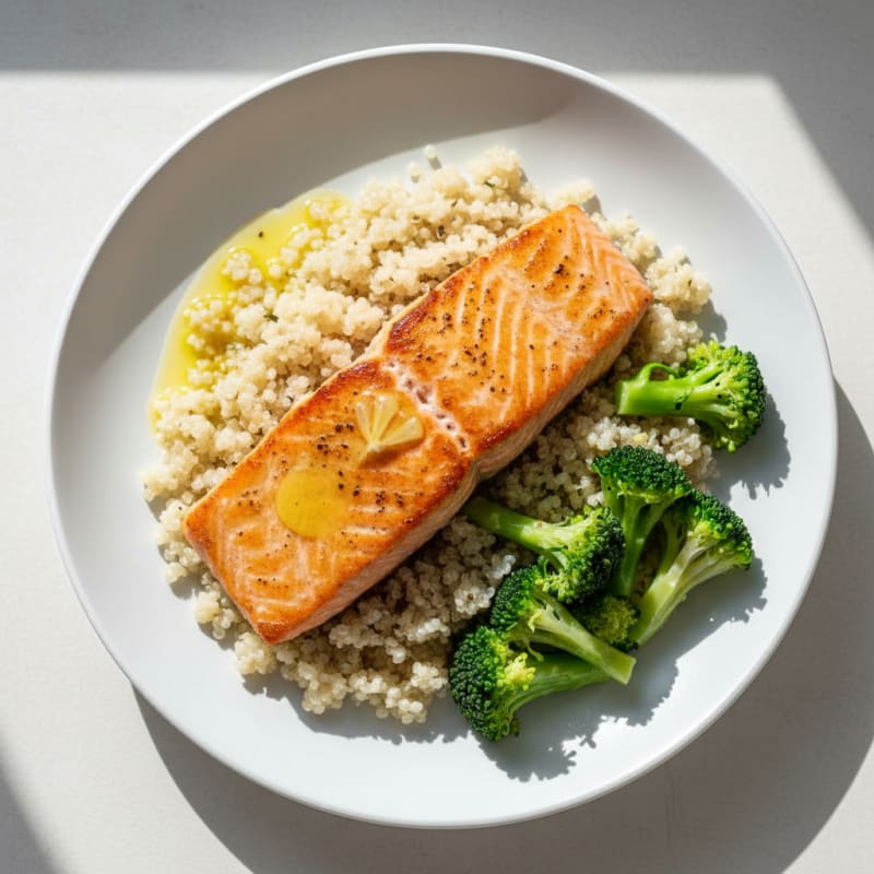 Seared Salmon Fillet with Steamed Broccoli and Quinoa