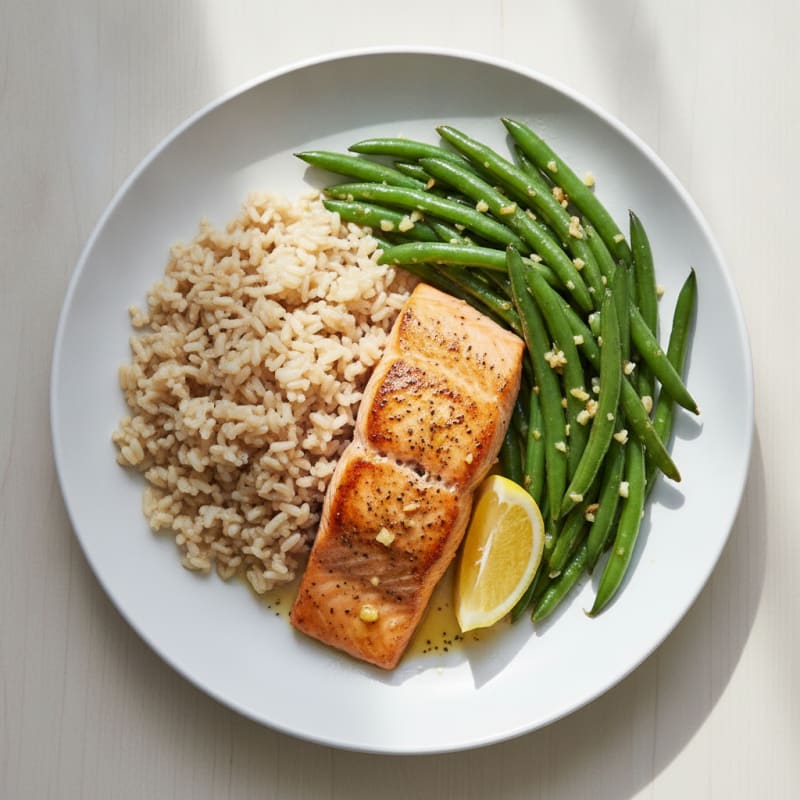 Seared Salmon with Garlic Green Beans and Steamed Brown Rice