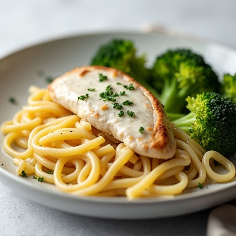 Chicken Fettuccini with Creamy Garlic Sauce and Roasted Broccoli
