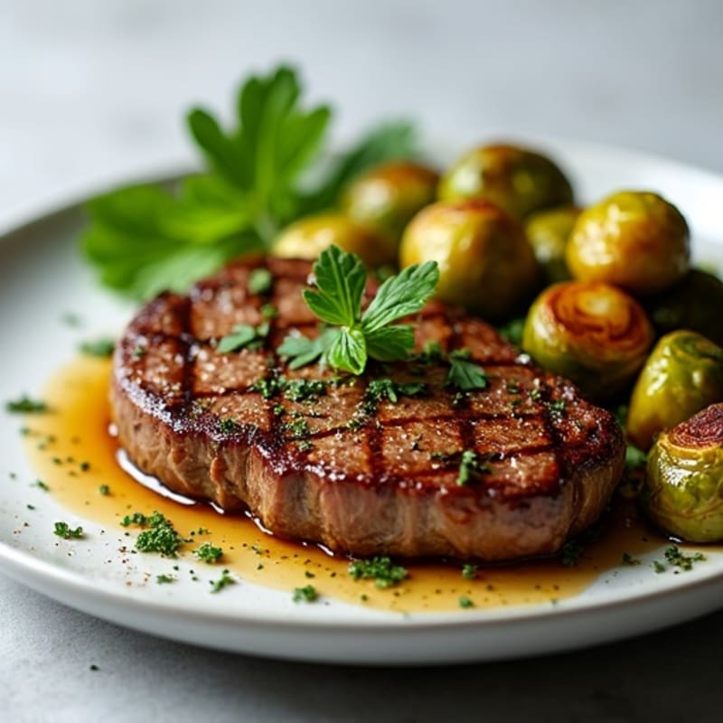 Garlic Herb Pan-Seared Steak with Crispy Roasted Brussels Sprouts