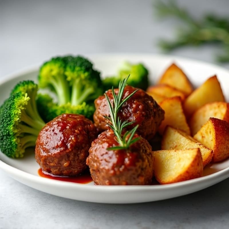 Lean Beef Meatballs with Crispy Roasted Potatoes and Steamed Broccoli