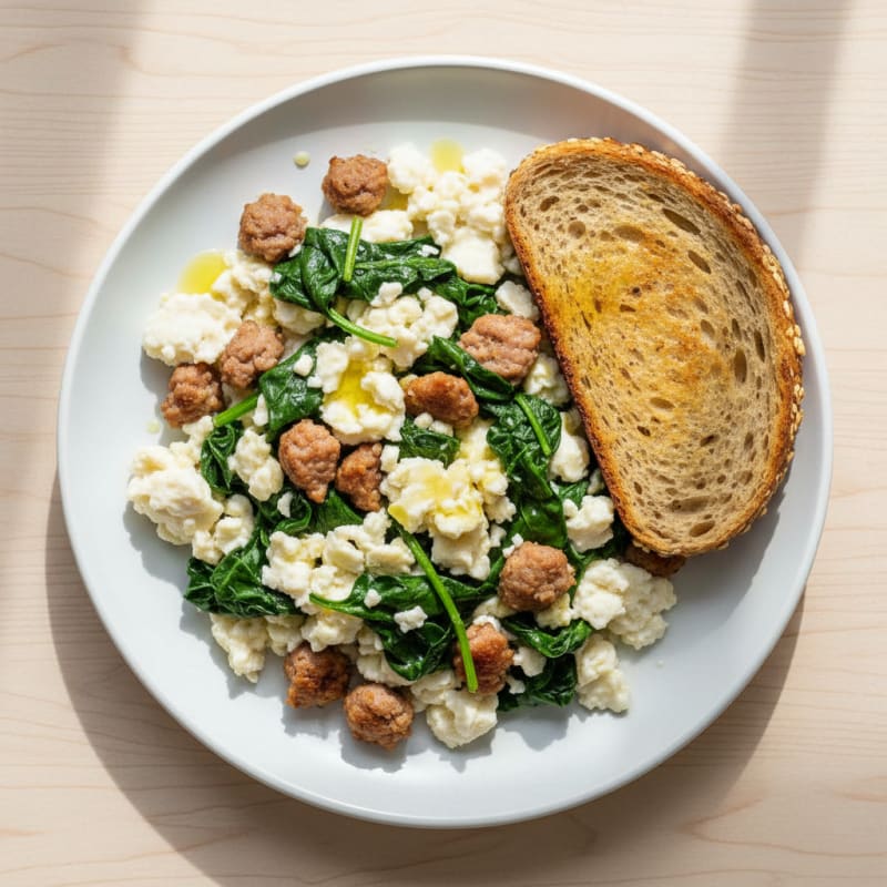 Egg White Scramble with Turkey Sausage and Sautéed Spinach