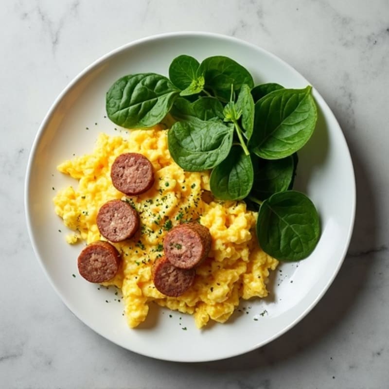 Creamy Scrambled Eggs with Fresh Spinach and Turkey Sausage