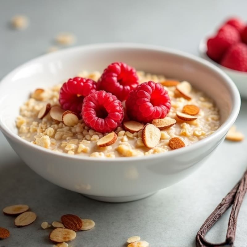 Creamy Vanilla Bean Protein Oats with Fresh Raspberries and Toasted Almonds