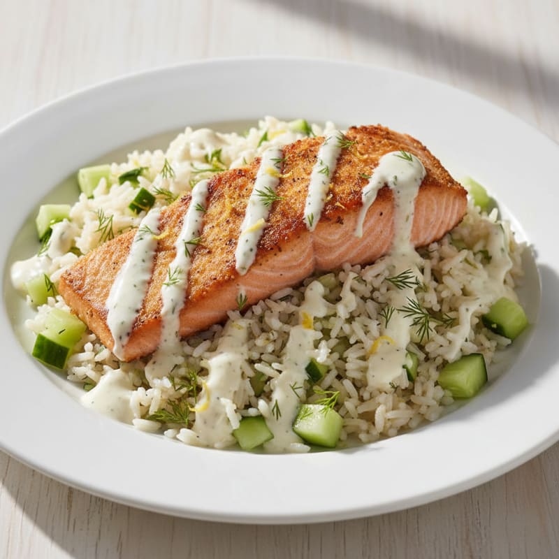 Golden Pan-Seared Salmon with Zesty Cucumber Rice