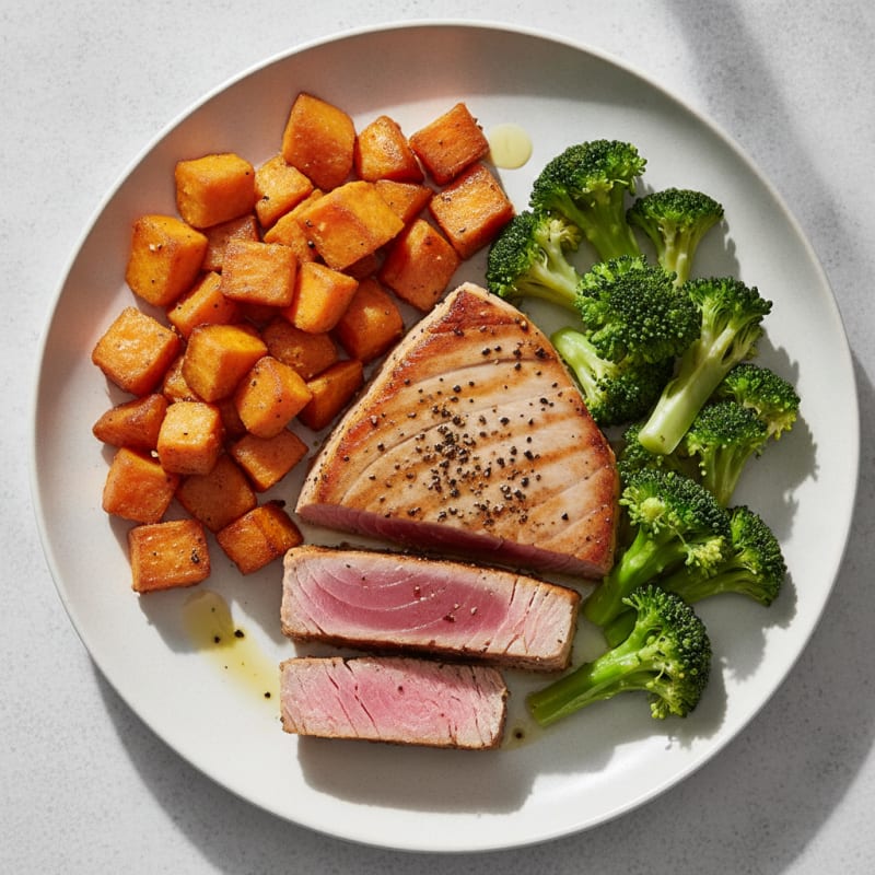 Seared Tuna Steak with Roasted Sweet Potato and Steamed Broccoli
