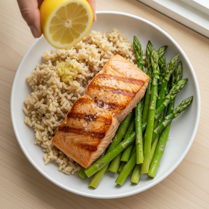 Seared Salmon Fillet with Steamed Asparagus and Brown Rice