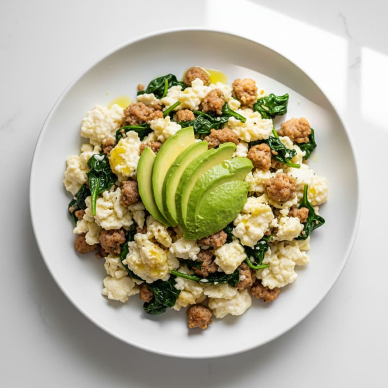 Egg White and Turkey Sausage Scramble with Sautéed Spinach