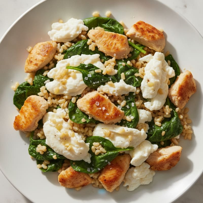 Crispy Chicken Egg White Scramble with Spinach and Brown Rice
