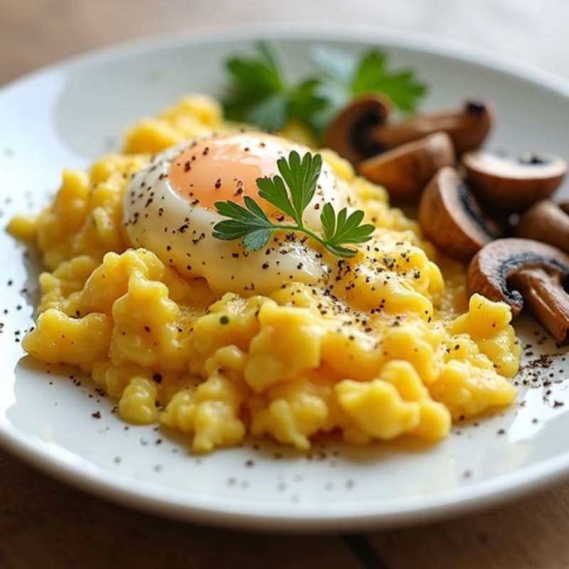 Fluffy Scrambled Eggs with Sautéed Mushrooms and Fresh Herbs