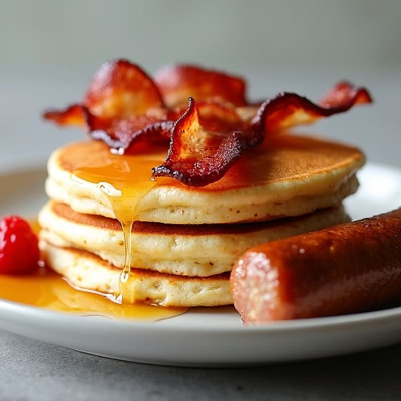 Protein Pancakes with Crispy Turkey Bacon and Savory Chicken Sausage