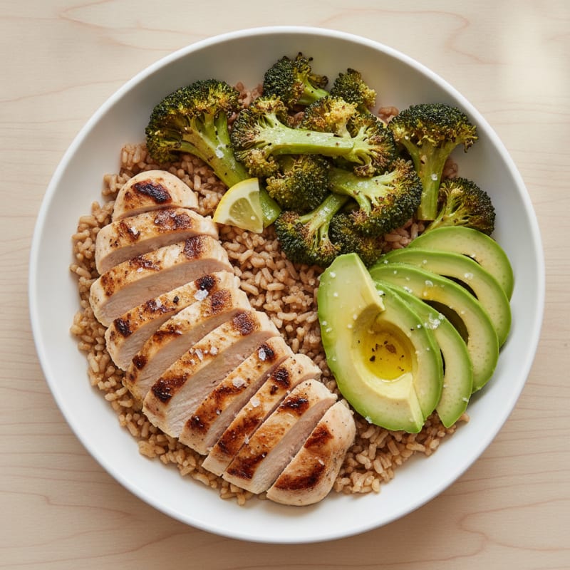 Grilled Chicken Brown Rice Bowl with Roasted Broccoli and Avocado