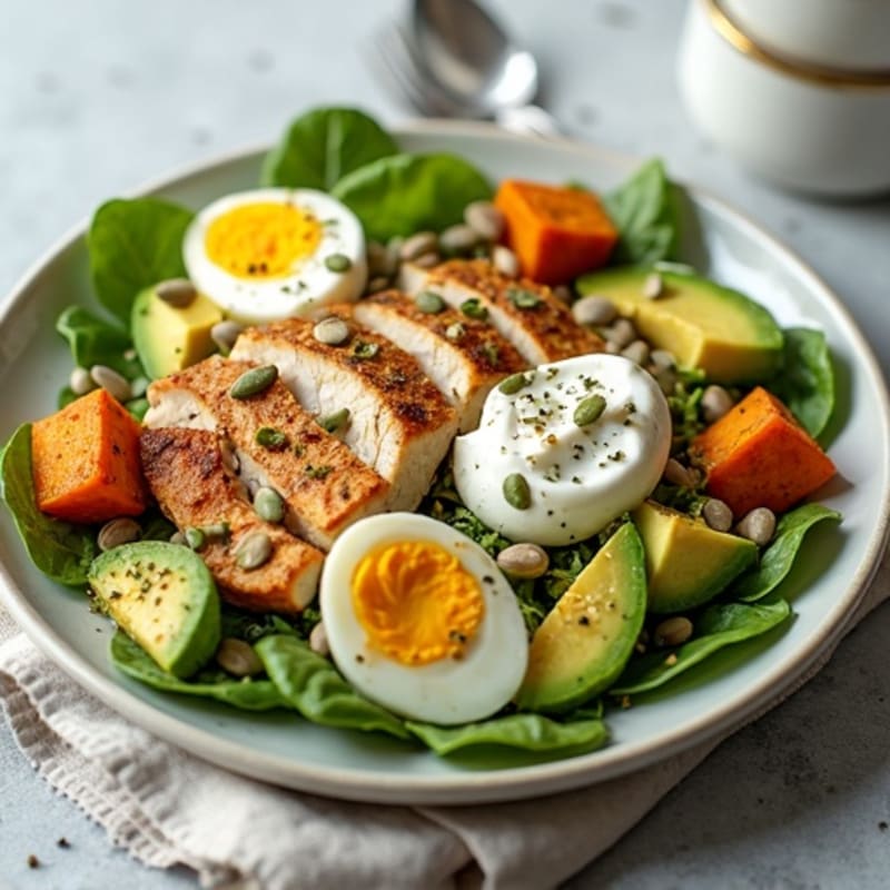 Grilled Chicken and Avocado Salad with Roasted Sweet Potato and Pumpkin Seeds