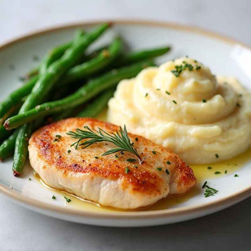 Pan-Seared Chicken with Creamy Garlic Mashed Potatoes and Roasted Green Beans